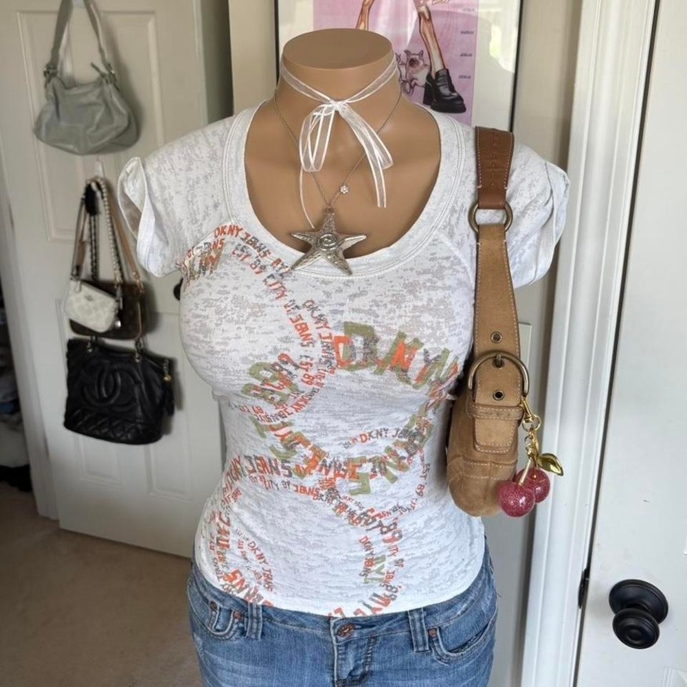 y2k 2000s dkny white graphic baby tee